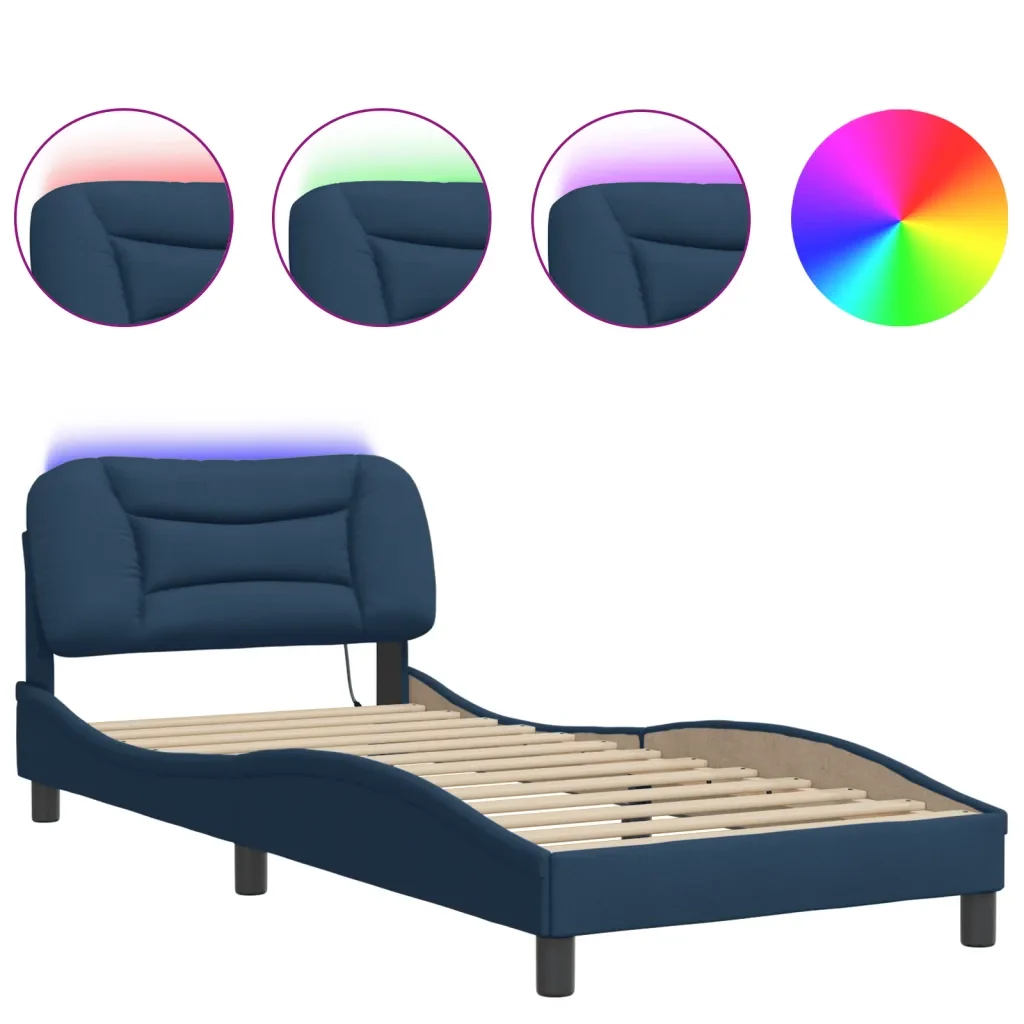 Letto singolo | Letto per adulti | Giroletto con LED senza Materasso Hvar Blu 90x200 cm in Tessuto - Image 5