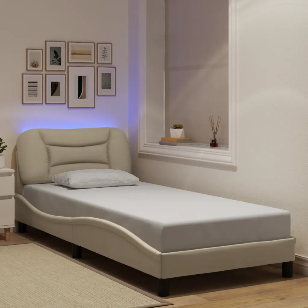 Letto singolo | Letto per adulti | Giroletto con LED senza Materasso Hvar Crema 90x200 cm in Tessuto - Image 2