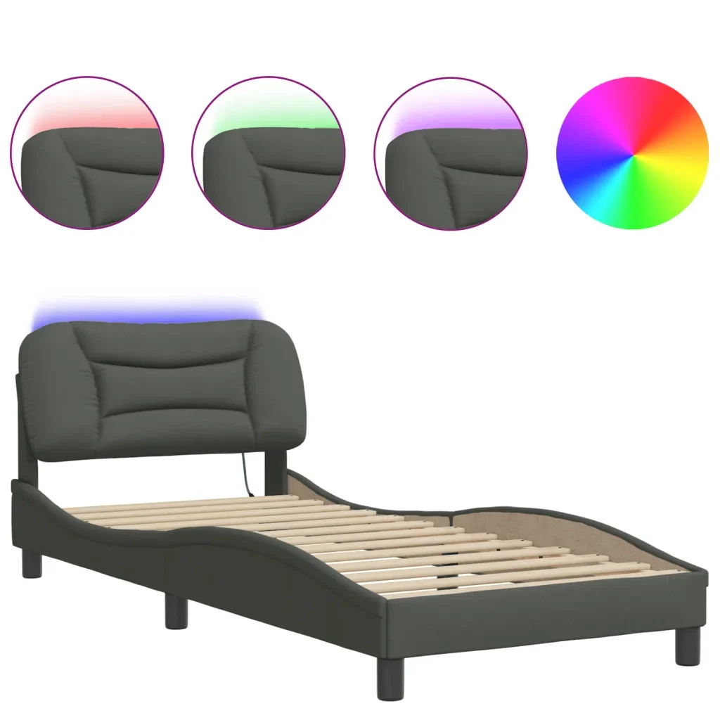 Letto singolo | Letto per adulti | Giroletto con LED senza Materasso Hvar Grigio Scuro 90x190cm Tessuto - Image 5
