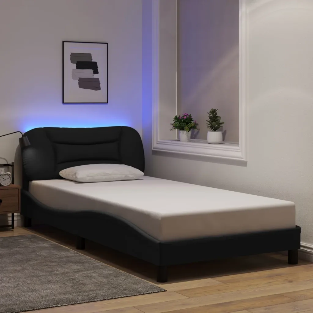 Letto singolo | Letto per adulti | Giroletto con LED senza Materasso Hvar Nero 100x200 cm in Tessuto - Image 2