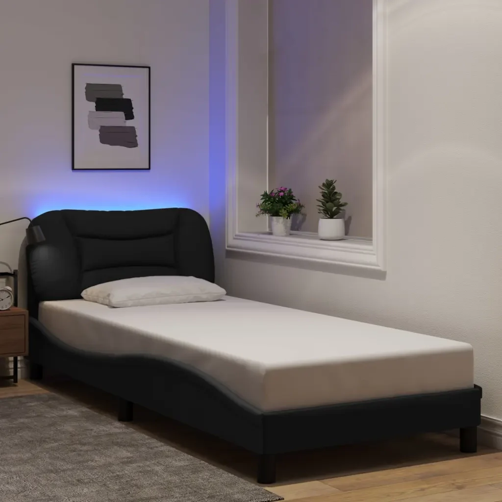 Letto singolo | Letto per adulti | Giroletto con LED senza Materasso Hvar Nero 90x190 cm in Tessuto - Image 2