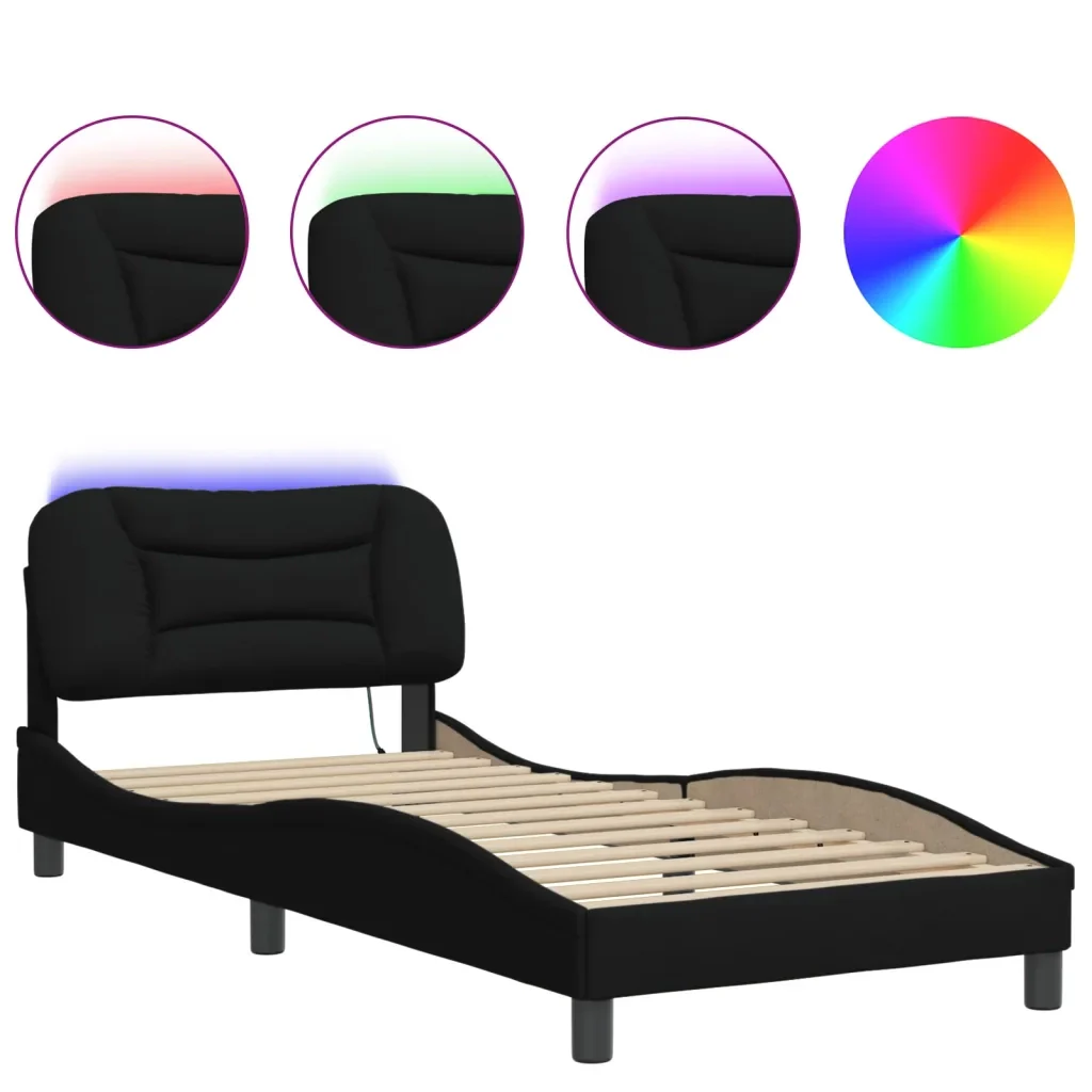 Letto singolo | Letto per adulti | Giroletto con LED senza Materasso Hvar Nero 90x200 cm in Tessuto - Image 5