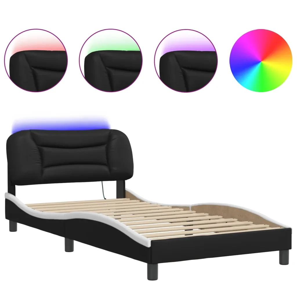 Letto singolo | Letto per adulti | Giroletto con LED senza Materasso Hvar Nero e Bianco 100x200 cm