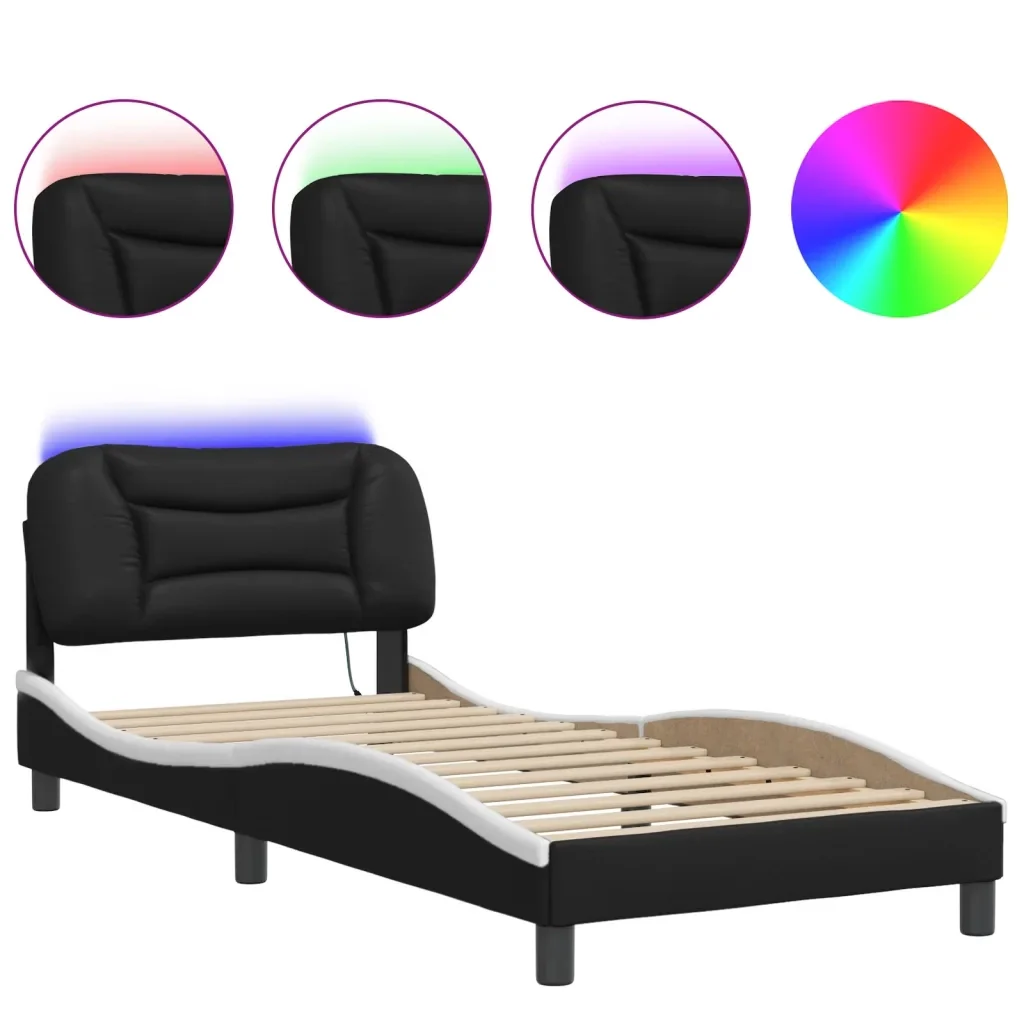 Letto singolo | Letto per adulti | Giroletto con LED senza Materasso Hvar Nero e Bianco 90x200 cm