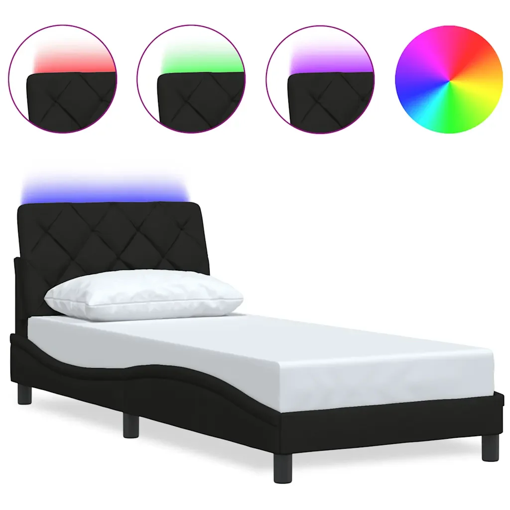 Letto singolo | Letto per adulti | Giroletto con LED senza Materasso Nero 90x190 cm in Tessuto