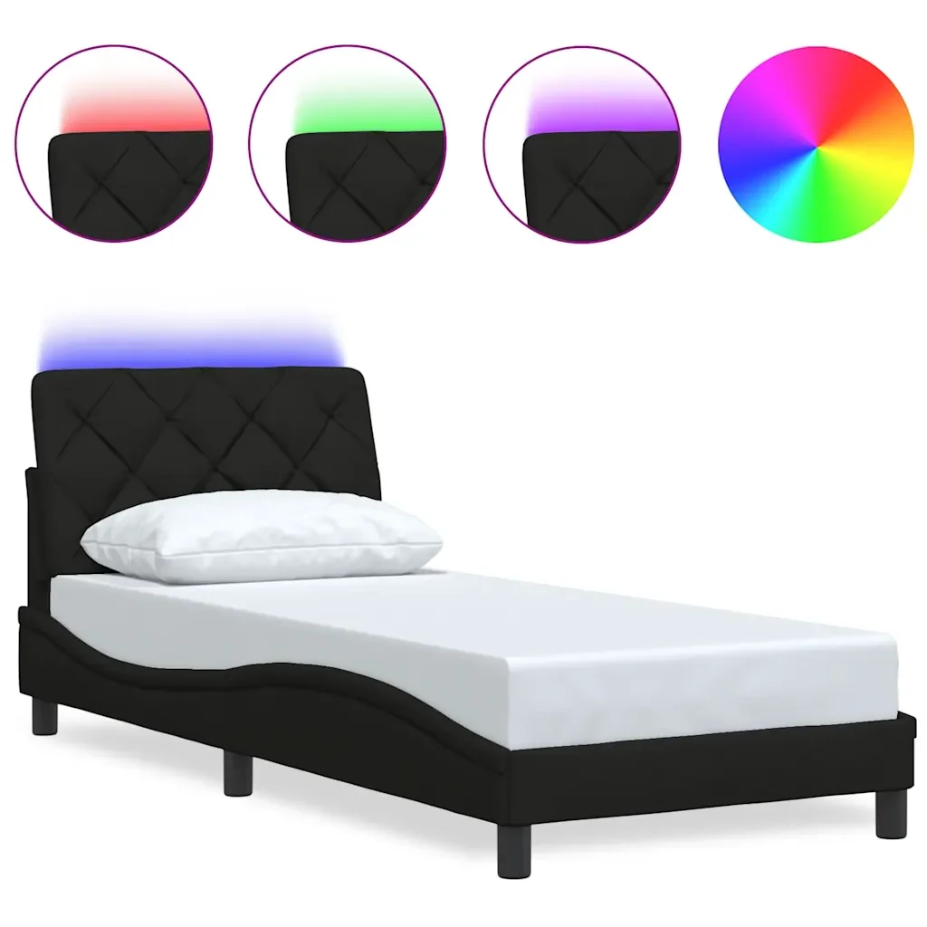 Letto singolo | Letto per adulti | Giroletto con LED senza Materasso Nero 90x200 cm in Tessuto