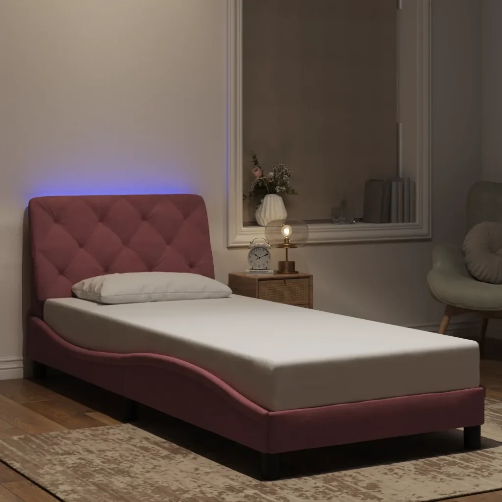 Letto singolo | Letto per adulti | Giroletto con LED senza Materasso Rosa 80x200 cm in Velluto - Image 2