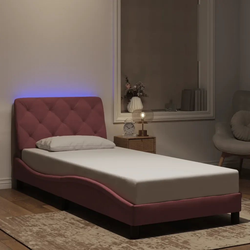 Letto singolo | Letto per adulti | Giroletto con LED senza Materasso Rosa 90x200 cm in Velluto - Image 2