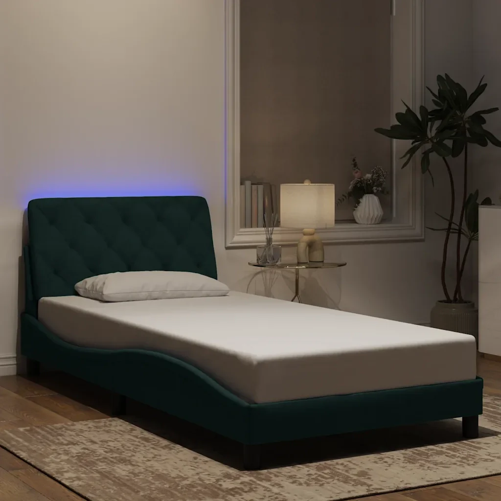 Letto singolo | Letto per adulti | Giroletto con LED senza Materasso Verde Scuro 100x200 cm in Velluto - Image 2