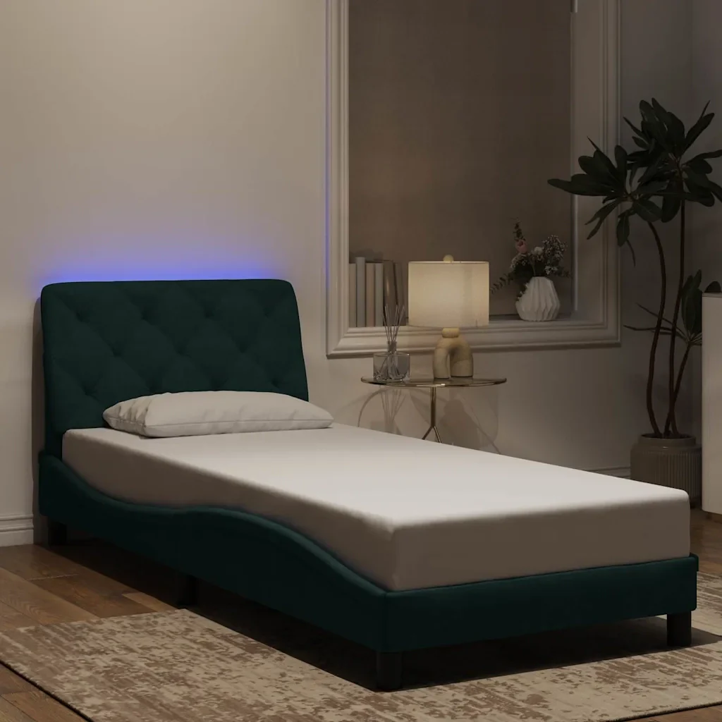 Letto singolo | Letto per adulti | Giroletto con LED senza Materasso Verde Scuro 90x190 cm in Velluto - Image 2
