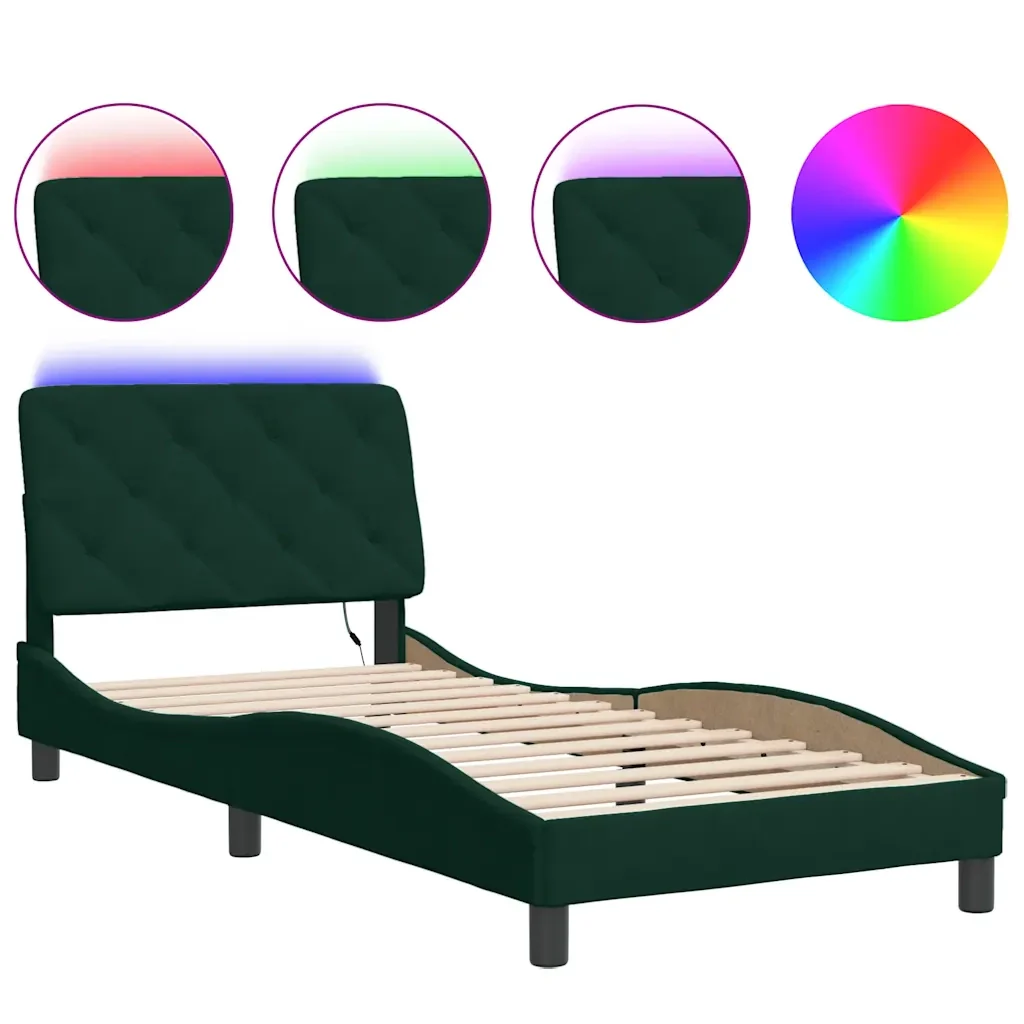 Letto singolo | Letto per adulti | Giroletto con LED senza Materasso Verde Scuro 90x200 cm in Velluto