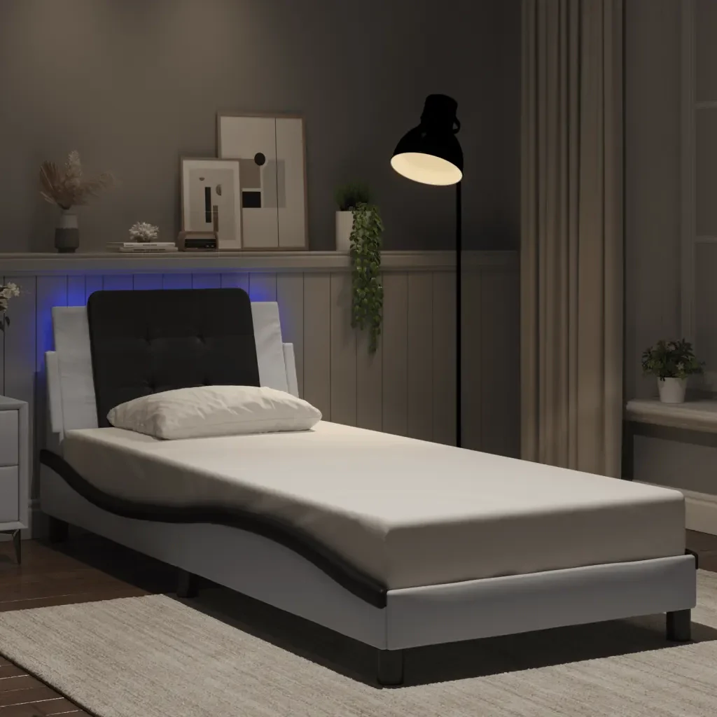 Letto singolo | Letto per adulti | Giroletto con LED senza Materasso Zadar Bianco e Nero 100x200 cm - Image 2