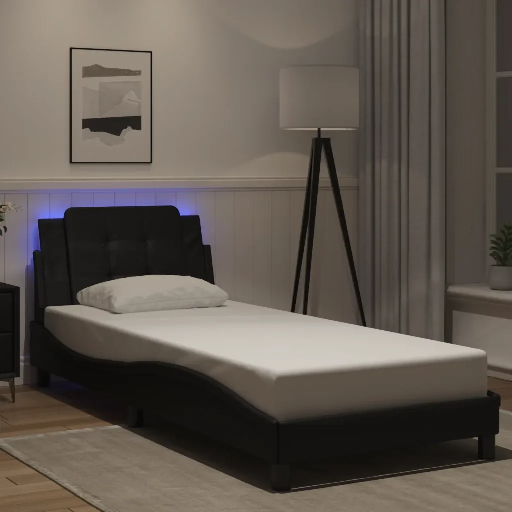 Letto singolo | Letto per adulti | Giroletto con LED senza Materasso Zadar Nero 80x200 cm - Image 2