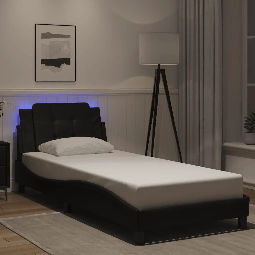 Letto singolo | Letto per adulti | Giroletto con LED senza Materasso Zadar Nero 90x190 cm - Image 2
