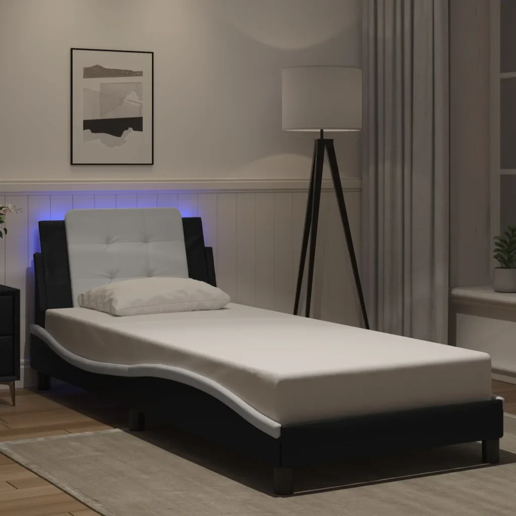 Letto singolo | Letto per adulti | Giroletto con LED senza Materasso Zadar Nero e Bianco 100x200 cm - Image 2