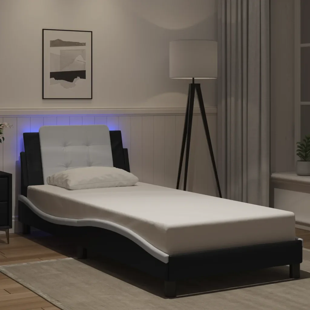 Letto singolo | Letto per adulti | Giroletto con LED senza Materasso Zadar Nero e Bianco 80x200 cm - Image 2