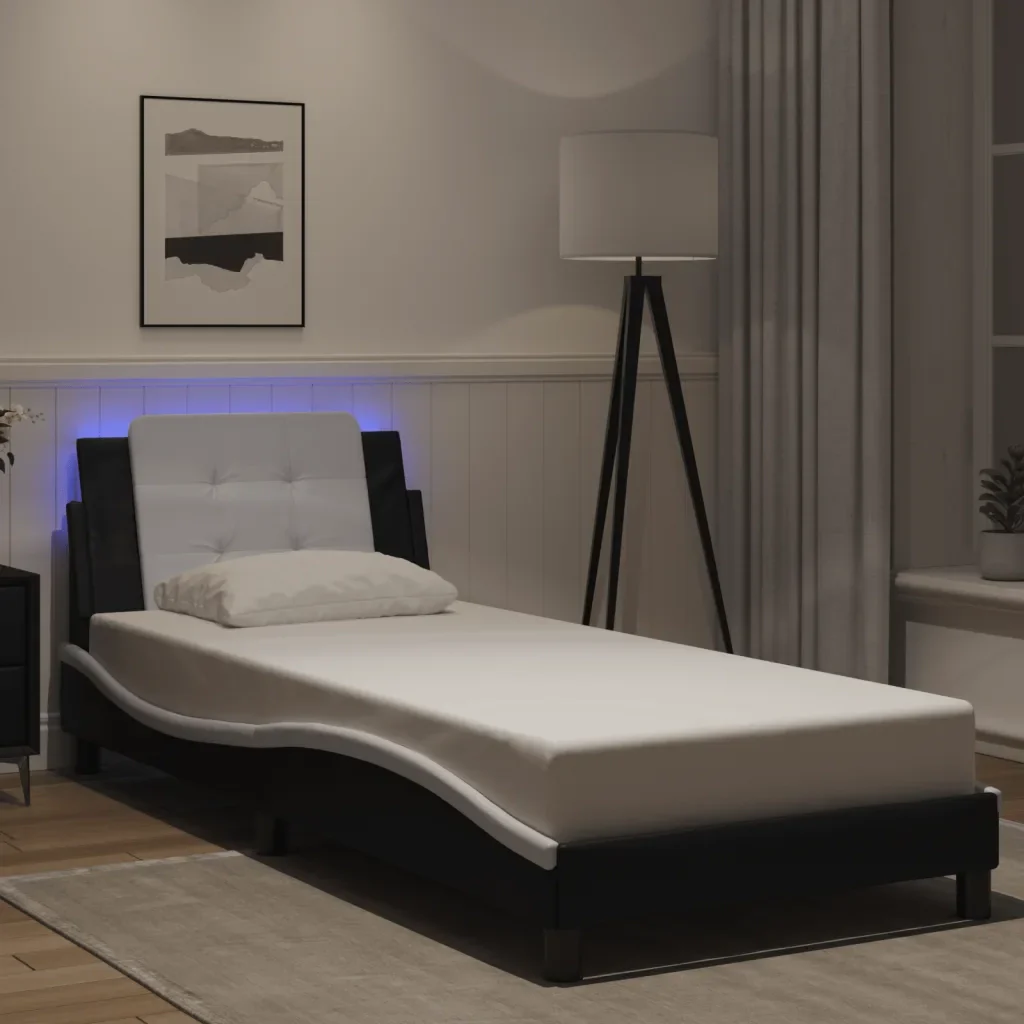 Letto singolo | Letto per adulti | Giroletto con LED senza Materasso Zadar Nero e Bianco 90x190 cm - Image 2