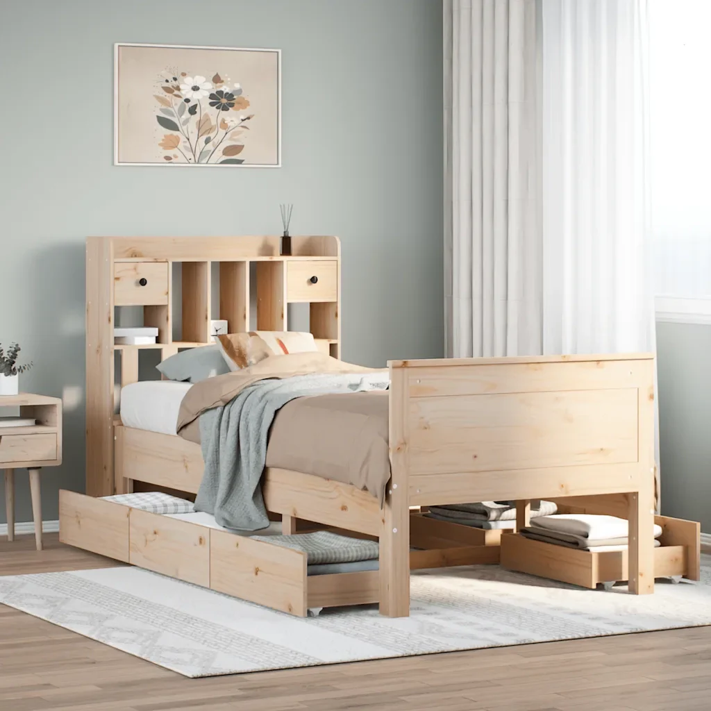 Letto singolo | Letto per adulti | Giroletto con Libreria senza Materasso 75x190 cm in Legno Pino - Image 2