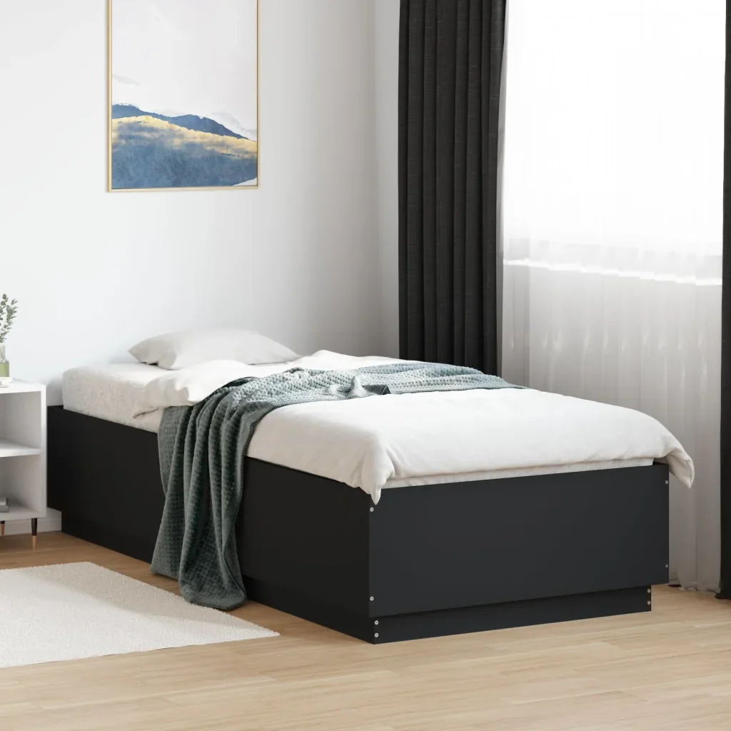 Letto singolo | Letto per adulti | Giroletto con Luci LED Nero 100x200 cm in Legno Massello - Image 2