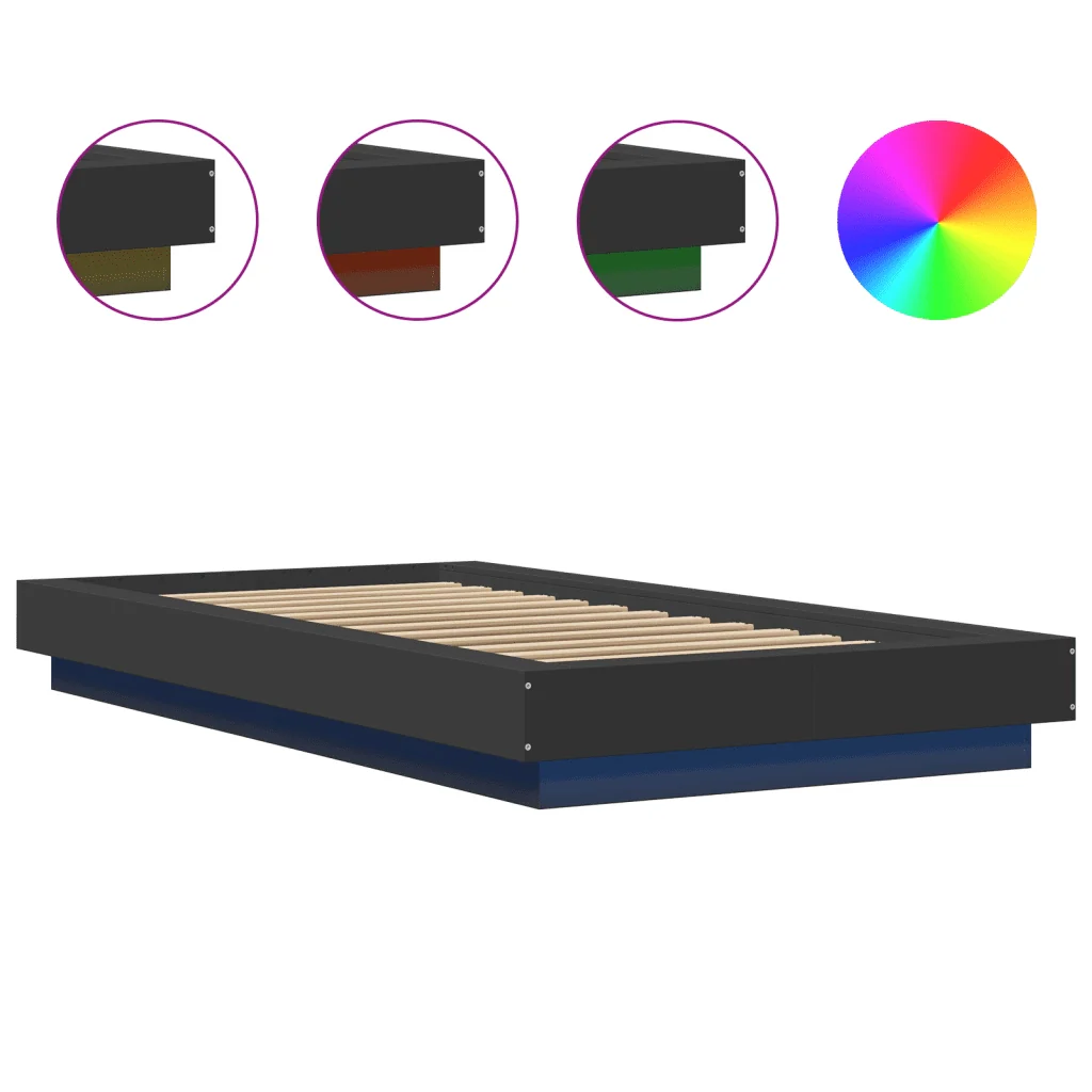 Letto singolo | Letto per adulti | Giroletto con Luci LED Nero 100x200 cm in Legno Massello - Image 8