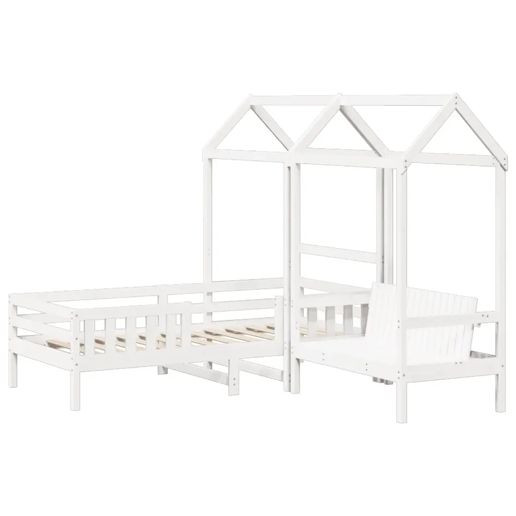 Letto singolo | Letto per adulti | Giroletto con Panca e Tetto Bianco 75x190cm Legno Massello Pino - Image 4