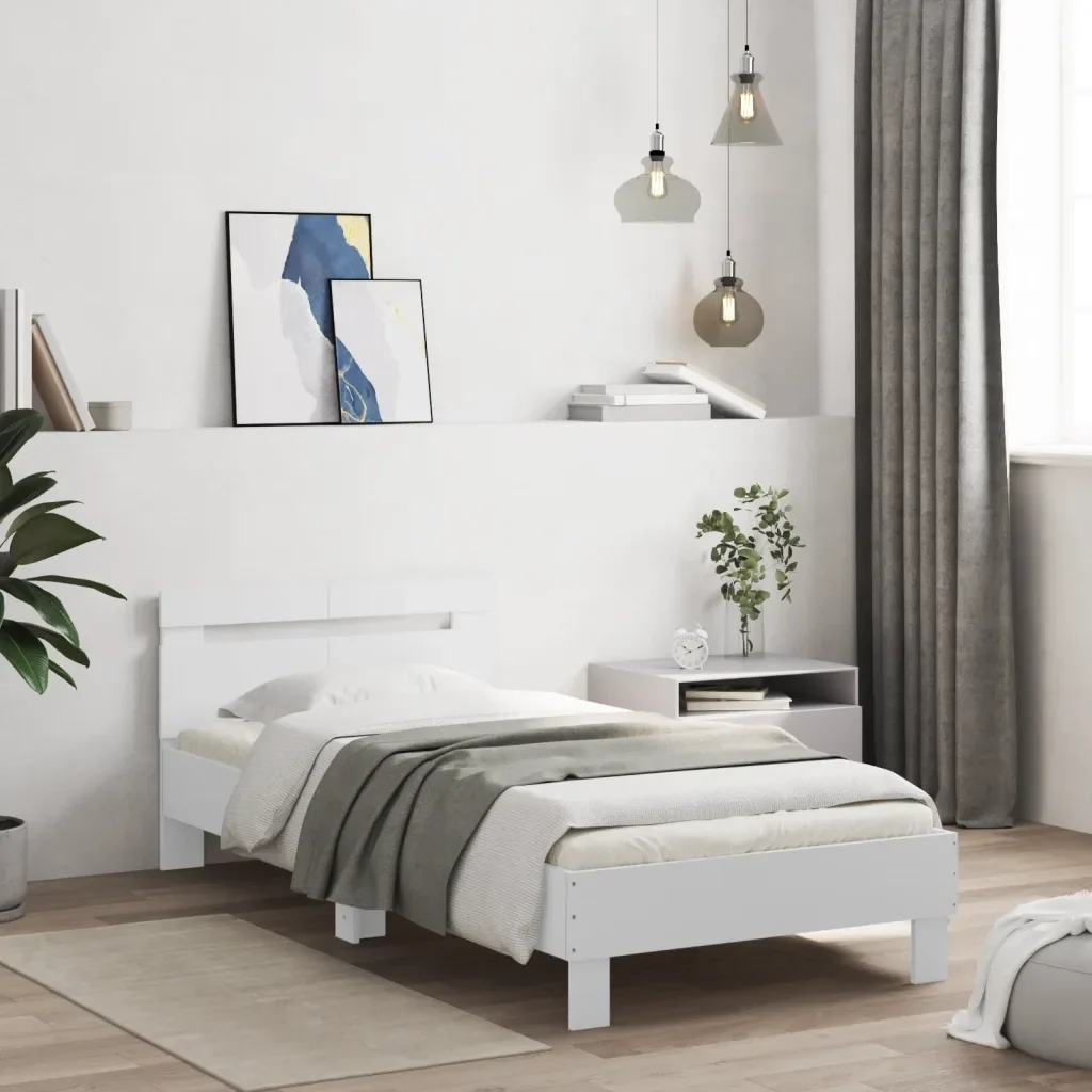 Letto singolo | Letto per adulti | Giroletto con Testiera Bianco 100x200 cm in Legno Multistrato - Image 2