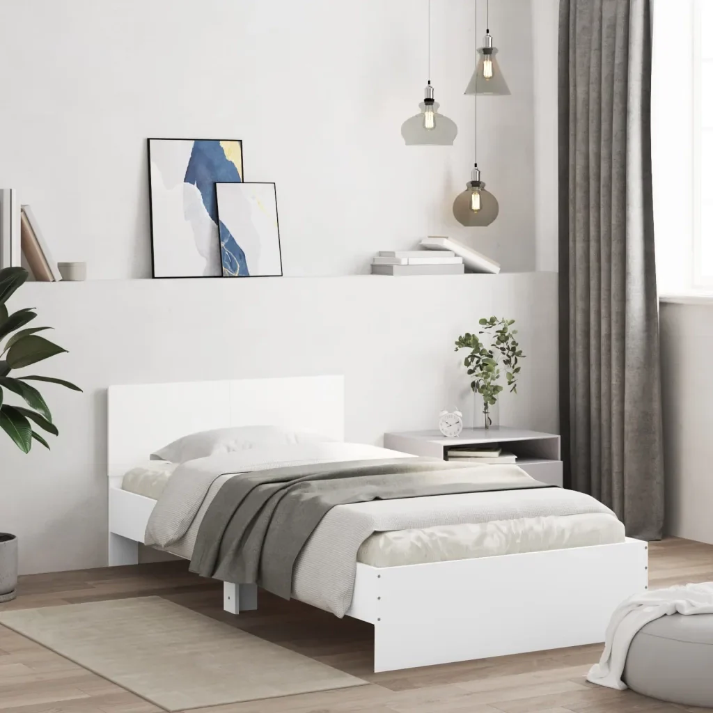 Letto singolo | Letto per adulti | Giroletto con Testiera Bianco 100x200 cm in Legno Multistrato - Image 2