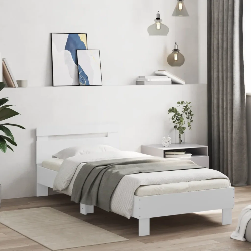 Letto singolo | Letto per adulti | Giroletto con Testiera Bianco 75x190 cm in Legno Multistrato - Image 2