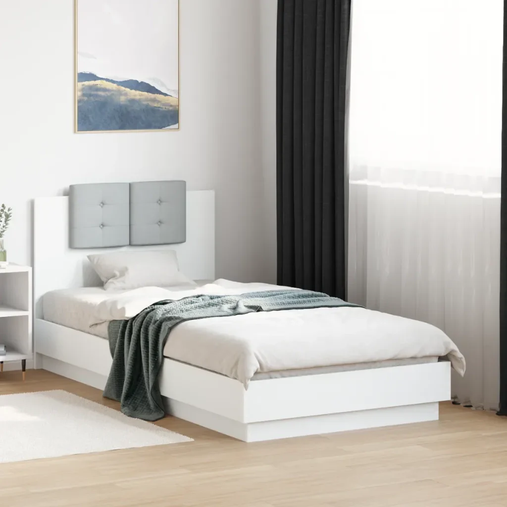 Letto singolo | Letto per adulti | Giroletto con Testiera Bianco 75x190 cm in Legno Multistrato - Image 2