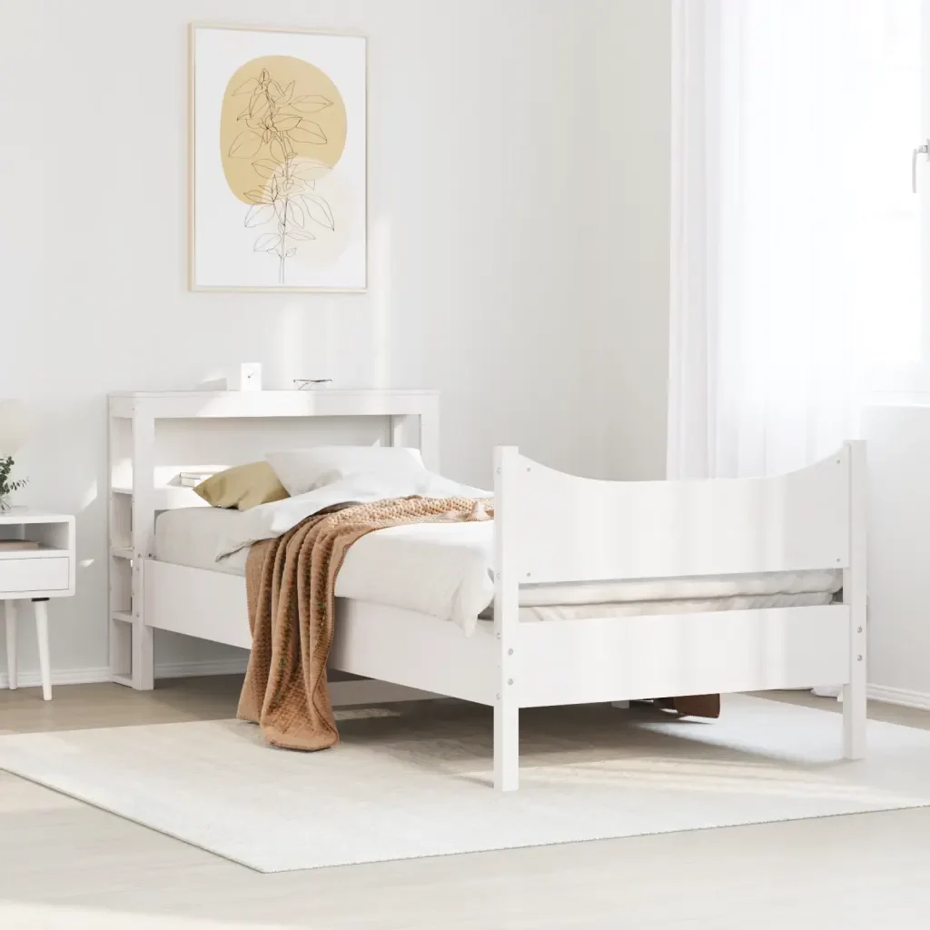 Letto singolo | Letto per adulti | Giroletto con Testiera Bianco 75x190 cm Legno Massello di Pino - Image 4