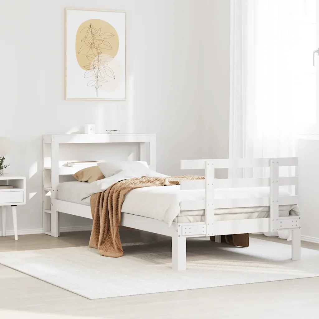 Letto singolo | Letto per adulti | Giroletto con Testiera Bianco 75x190 cm Legno Massello di Pino - Image 2