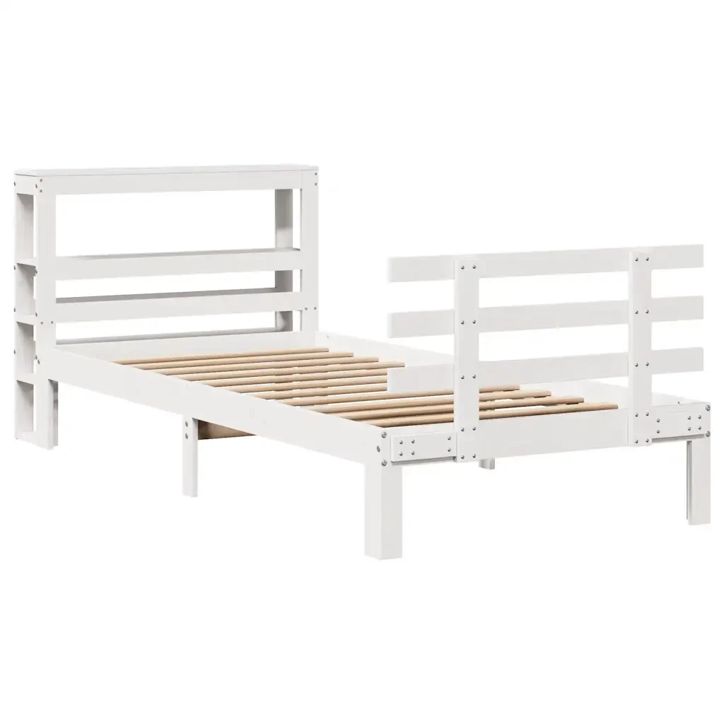 Letto singolo | Letto per adulti | Giroletto con Testiera Bianco 75x190 cm Legno Massello di Pino - Image 4