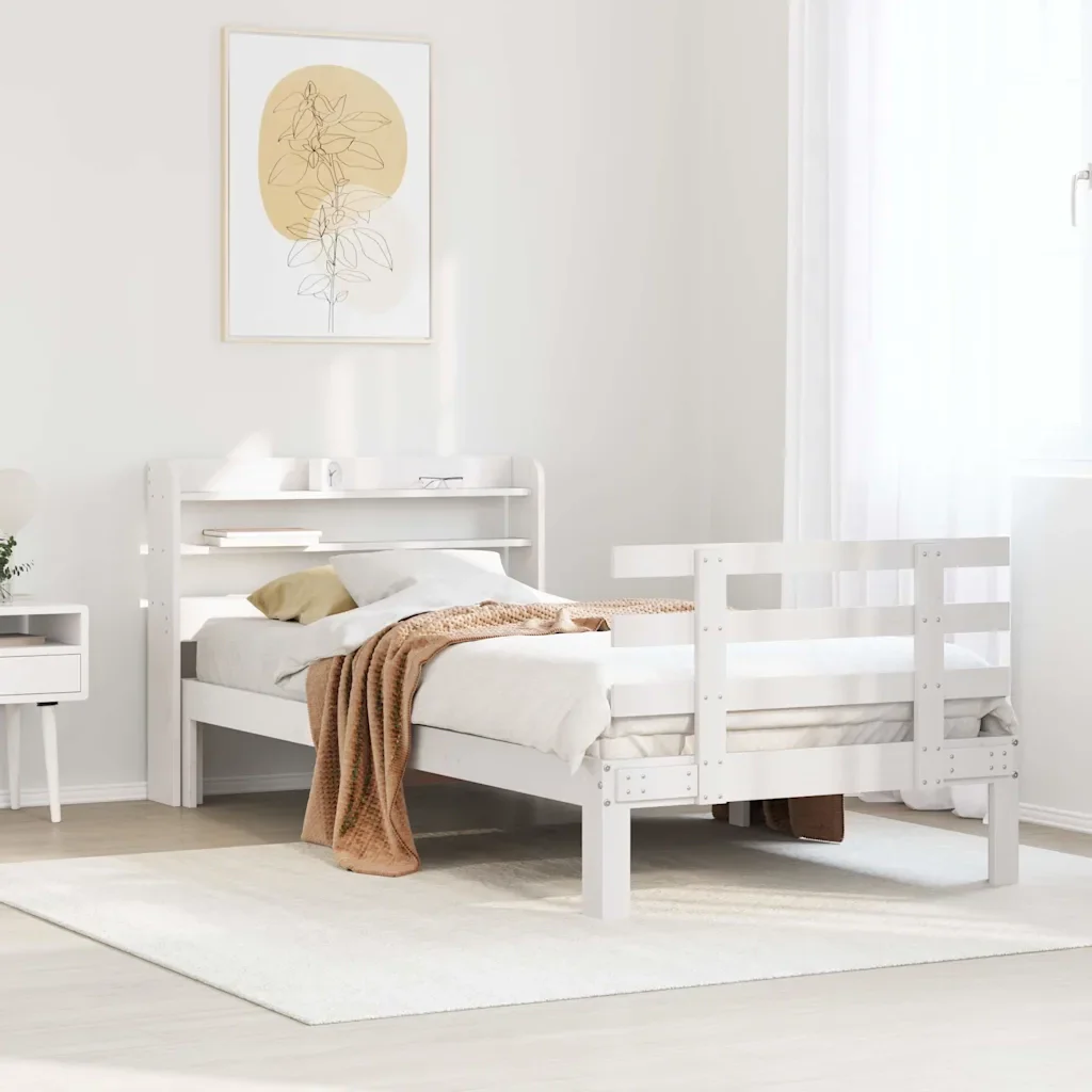 Letto singolo | Letto per adulti | Giroletto con Testiera Bianco 75x190 cm Legno Massello di Pino - Image 2