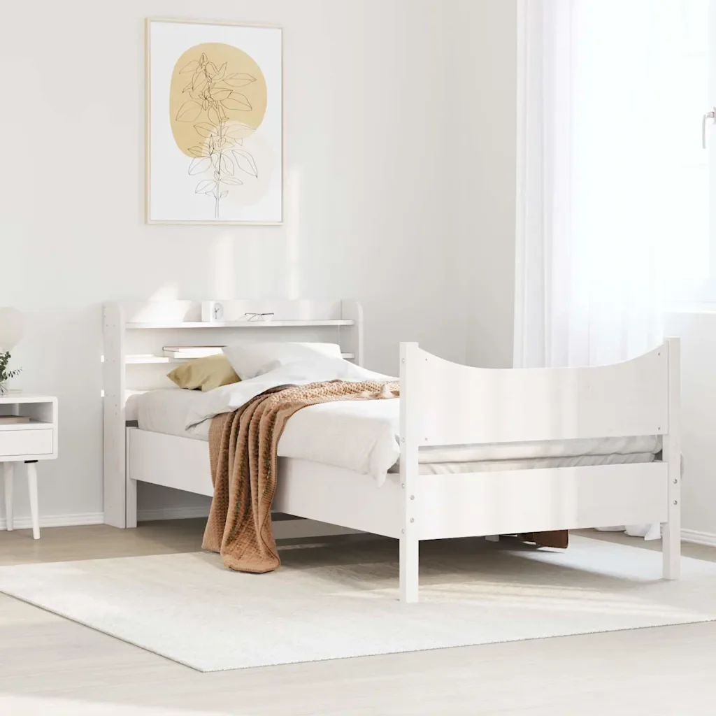 Letto singolo | Letto per adulti | Giroletto con Testiera Bianco 75x190 cm Legno Massello di Pino - Image 3
