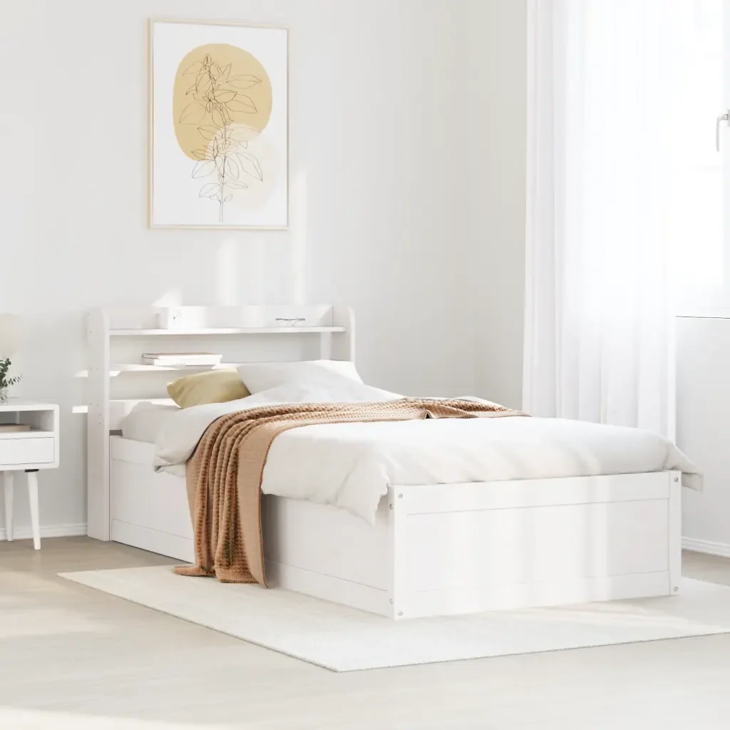 Letto singolo | Letto per adulti | Giroletto con Testiera Bianco 75x190 cm Legno Massello di Pino - Image 3