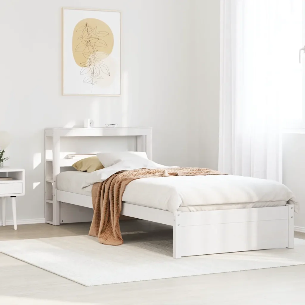 Letto singolo | Letto per adulti | Giroletto con Testiera Bianco 75x190 cm Legno Massello di Pino - Image 2