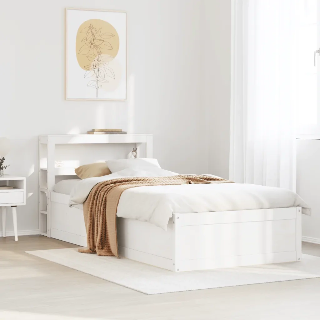 Letto singolo | Letto per adulti | Giroletto con Testiera Bianco 90x200 cm Legno Massello di Pino - Image 4