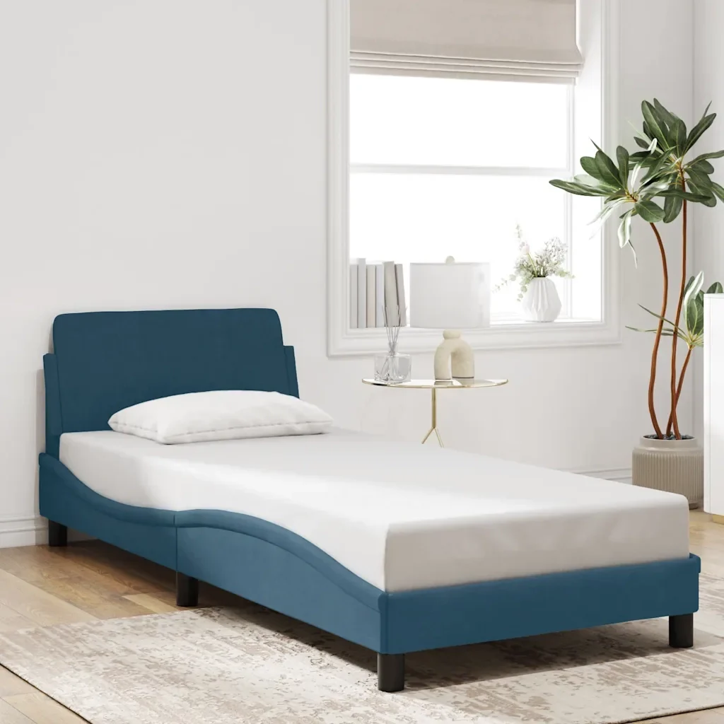 Letto singolo | Letto per adulti | Giroletto con Testiera Dover Blu 90x190 cm in Velluto - Image 2