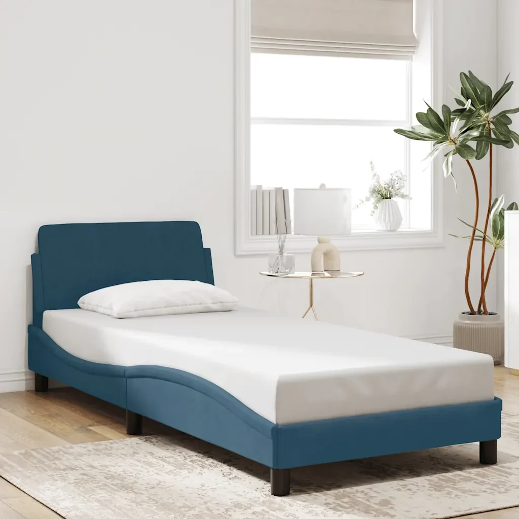 Letto singolo | Letto per adulti | Giroletto con Testiera Dover Blu 90x200 cm in Velluto - Image 2