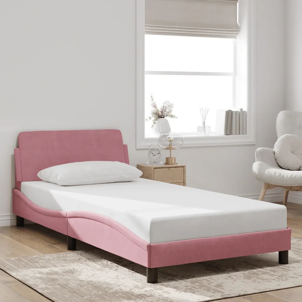Letto singolo | Letto per adulti | Giroletto con Testiera Dover Rosa 100x200 cm Velluto - Image 2