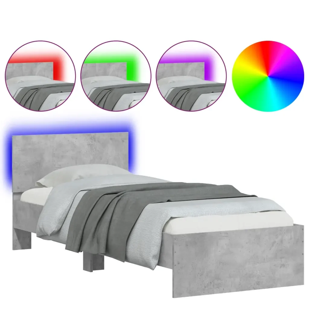 Letto singolo | Letto per adulti | Giroletto con Testiera e LED Grigio Cemento 75x190 cm