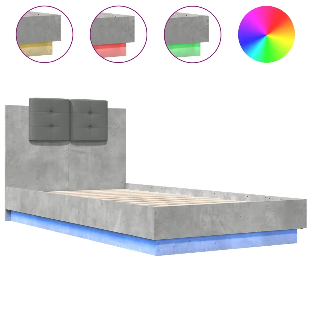 Letto singolo | Letto per adulti | Giroletto con Testiera e LED Grigio Cemento 75x190 cm