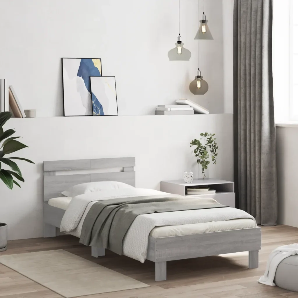 Letto singolo | Letto per adulti | Giroletto con Testiera e LED Grigio Sonoma 100x200 cm - Image 4