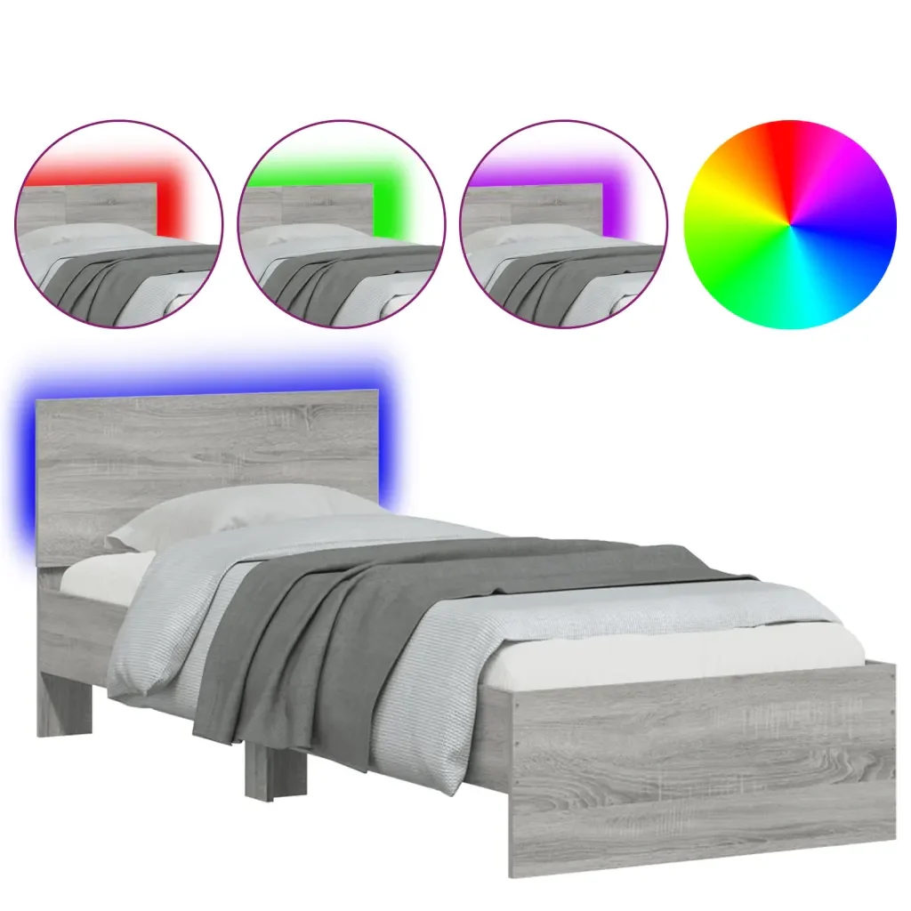 Letto singolo | Letto per adulti | Giroletto con Testiera e LED Grigio Sonoma 75x190 cm