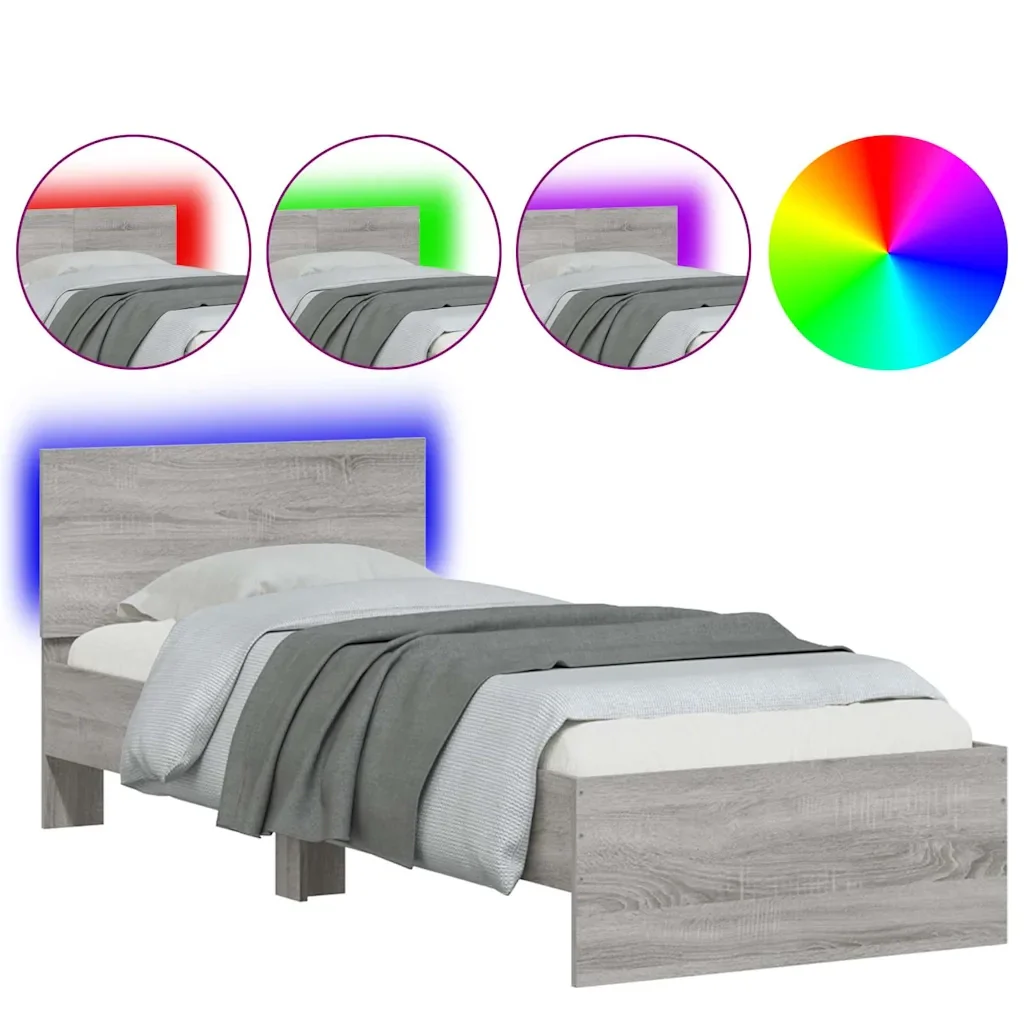 Letto singolo | Letto per adulti | Giroletto con Testiera e LED Grigio Sonoma 90x190 cm