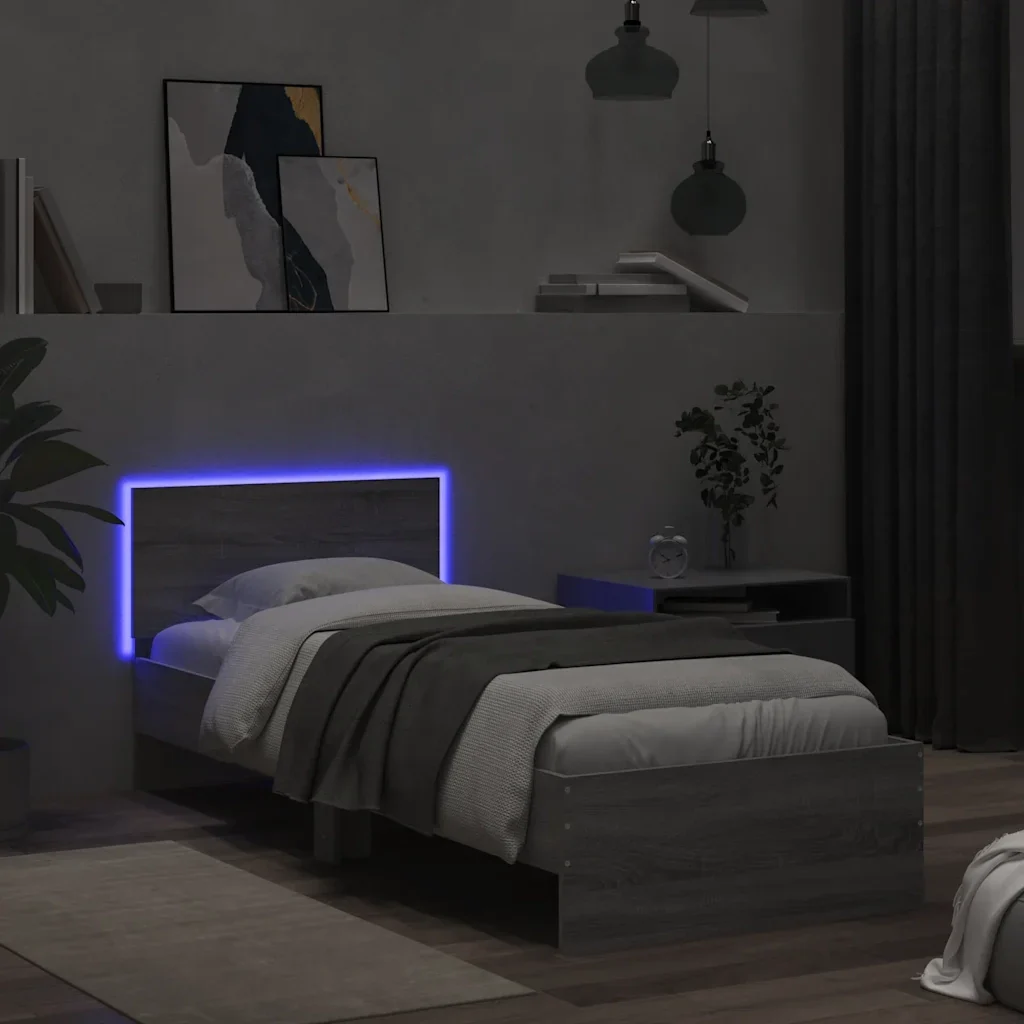 Letto singolo | Letto per adulti | Giroletto con Testiera e LED Grigio Sonoma 90x190 cm - Image 5