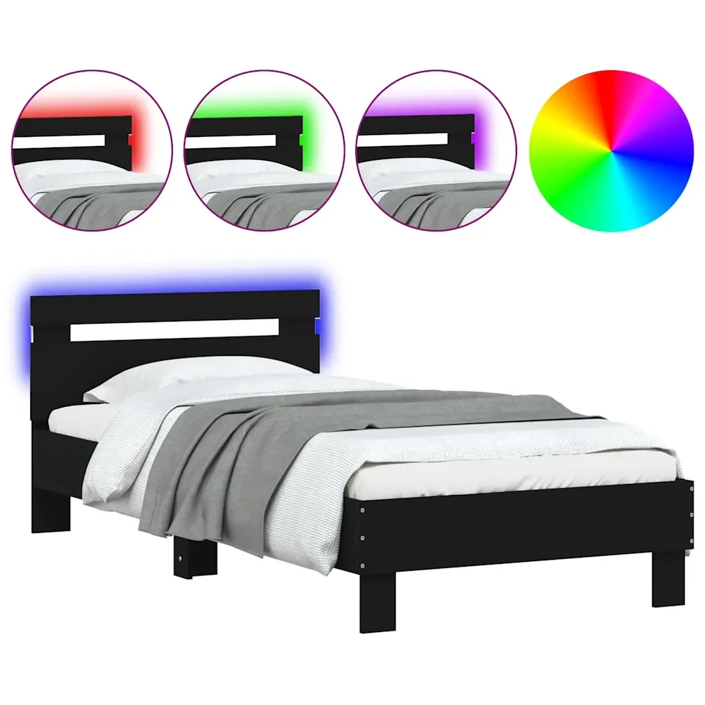 Letto singolo | Letto per adulti | Giroletto con Testiera e LED Nero 75x190 cm