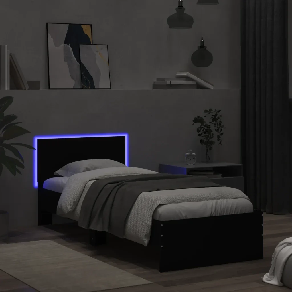 Letto singolo | Letto per adulti | Giroletto con Testiera e LED Nero 75x190 cm - Image 5