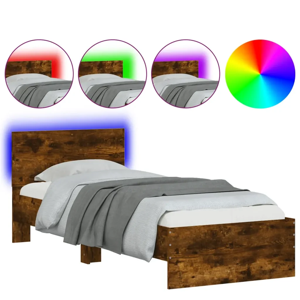 Letto singolo | Letto per adulti | Giroletto con Testiera e LED Rovere Fumo 75x190 cm