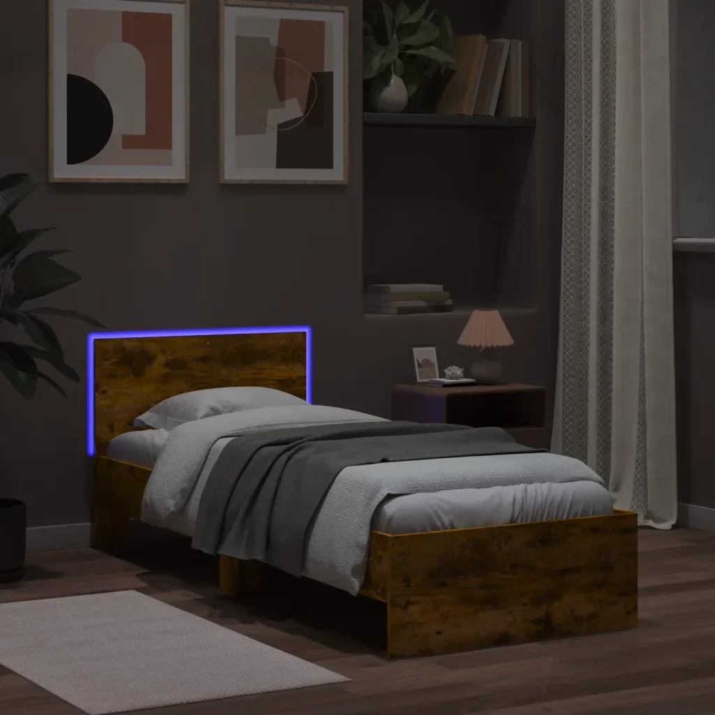 Letto singolo | Letto per adulti | Giroletto con Testiera e LED Rovere Fumo 75x190 cm - Image 5